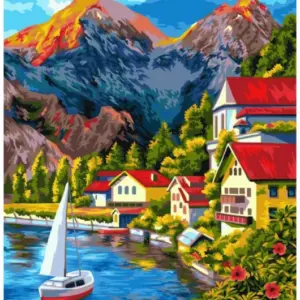 Festés számok szerint, tóparti falu a hegyek között, 40 x 50 cm - A000015 - szipercuccok.hu